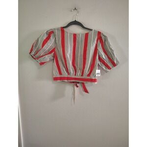 True Destiny Red Stripe Puff Sleeve Crop Top Open Back Tie Hem Medium NWT